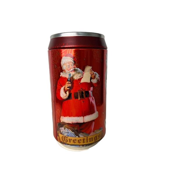 Vintage Coca Cola Greetings Santa Jumbo Tin Can‎ Coin Bank 8" High - Picture 3 of 10